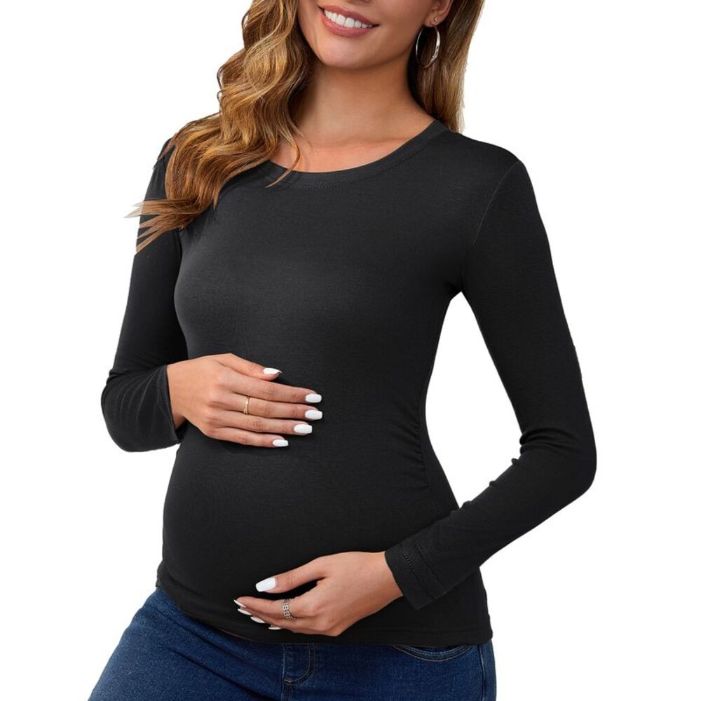 Maternity Ruched Long Sleeve Casual Blouses Basic T-Shirt Black